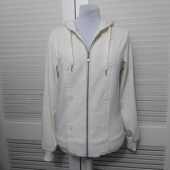 Guess Cream Full Zip Hoodie Button Ribbed Detail - Picture 6 of 13